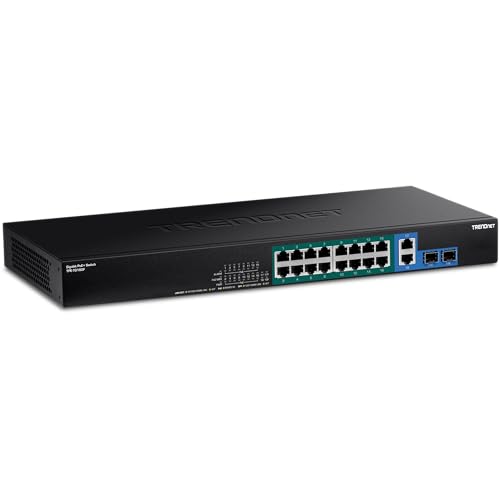 Image of TRENDnet 18-Port Gigabit PoE+ Switch, TPE-TG182F, 16 x Gigabit PoE+ Ports, 2 Gigabit SFP Ports, 440W PoE Budget, 36Gbps Switching Capacity, 1U 19 inch Rack Mountable, Lifetime Protection, Black