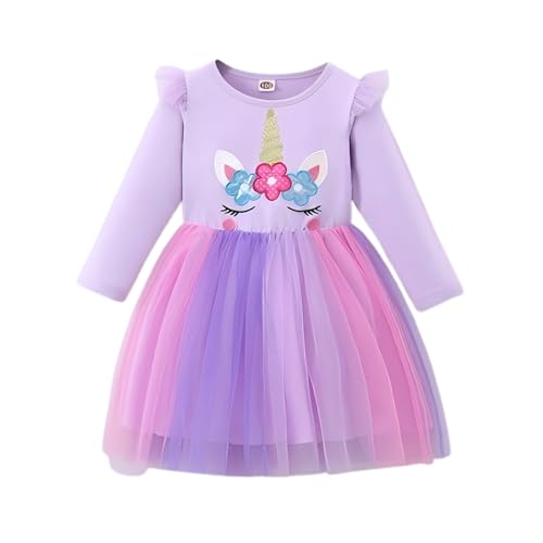 Girls Unicorn Printed Dress - Long Sleeve Mesh Paneled, Toddler Kids Casual & Party Wear