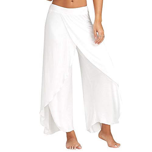 Women Cropped Pants High Waist Elastic Split Flowy Layered Yoga Palazzo Fitness Causal Dance Long Trousers White XL