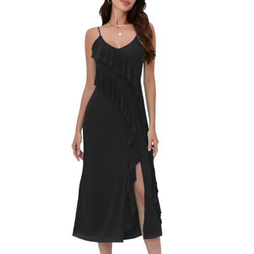 Image of Women's Spaghetti Strap Ruffle Side Split Long Dress Bodycon Beach Maxi Dresses