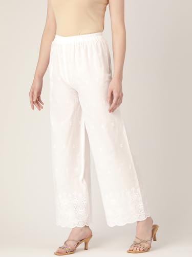 Image of feranoid White Chicken Embroidred Cotton Regular Fit Palazzo