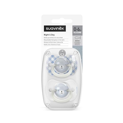 Suavinex, Lot 2 Sucettes pour Nouveau-nés et Bébés 0/6 Mois, Brillent dans le Noir avec Anneau Fluorescente, Idéal Nuit, Tétine Symétrique SX Pro en Silicone, Réversible, Plate et Souple, Bleu