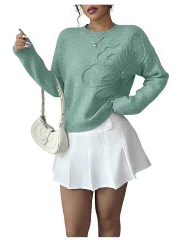 Image of RoseSeek Women's 3D Floral Appliques Crewneck Sweaters Long Sleeve Drop Shoulder Pullovers Elegant Knit Tops