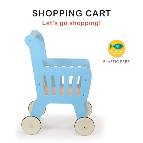 Mentari Toys - Shopping Cart - Wooden Shopping Cart with Extra Storage - Perfect Role Play Toy, Promotes Creativity and Imagination for Boys and Girls - Age 3+