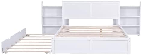 Bellemave Queen Size Platform Bed Frame with Trundle and Pull Out Shelves, Wood Queen Bed Frame with Storage Headboard (White/Trundle & Shelves)