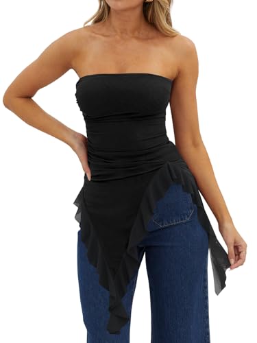 Imily Bela Womens Asymmetrical Tube Top Strapless Ruffle Hem Slim Fitted Shirts Y2K Going Out Tops