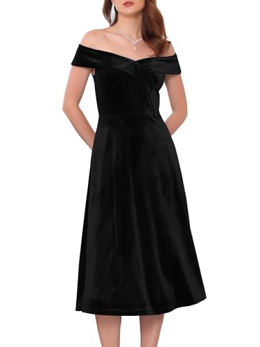 Women's Velvet Dress Off The Shoulder Vintage Cocktail Evening A-Line Dresses