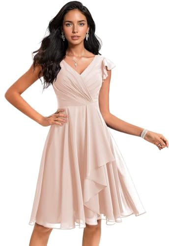 V Neck Semi Formal Dresses for Women with Sleeves Summer Wedding Guest Dress A-line Cocktail Party Gown