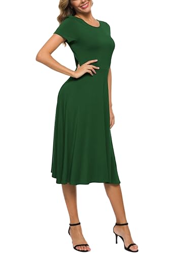 Image of EXCHIC Women's Casual Round Neck Short Sleeve Midi Dress Solid Stretchy Waist Knee Long Dress