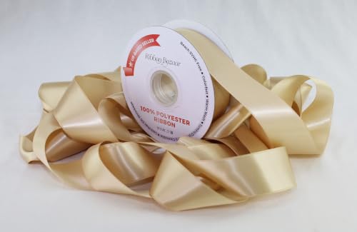 Image of Ribbon Bazaar Double Faced Satin - Premium Gloss Finish - 100% Polyester Ribbon for Gift Wrapping, Crafts, Scrapbooking, Hair Bow, Decorating & More - 1 /8 inch Beige 50yd Spool