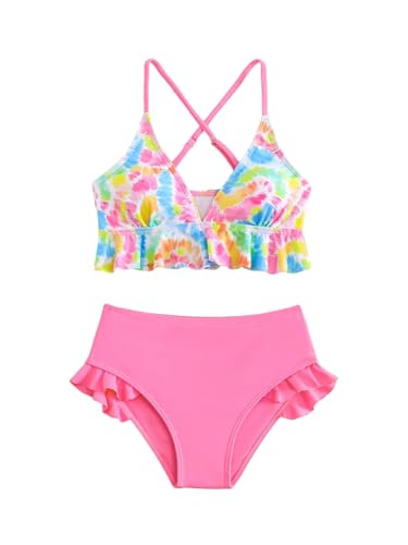 OYOANGLE Girl's Two Piece Swimsuits Cute Tie Dye Criss Cross Bikini Set Ruffle Bathing Suits