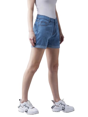 Image of Dolce Crudo Women's Relaxed Fit Mid-Rise Denim Shorts with Adjustable Waist & Frayed Hem