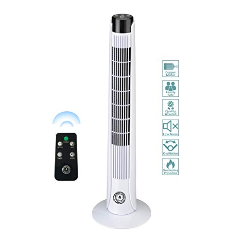 Ecolighters 36" Tower Fan With Remote Control Wind Curve Oscillation, Portable Fan, Power Full 3-speed 3-Wind Mode: Normal/Sleep/Nature Fans, 7,5 Hours Timer, Strong 50 W Motor Copper