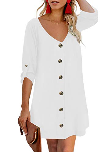 Ecrocoo Women's Casual Summer Dress Fashion V Neck 3/4 Roll Tab Sleeves T Shirt Dresses Loose Chiffon Button Down Beach Dress,White XL