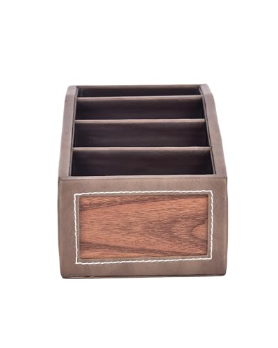 Image of Premsons Classic Remote Holder - 4 Section Tabletop Organizer in Light Brown | Faux Leather with Refined Wooden Finish | Decorative & Practical Organizer - Light Brown