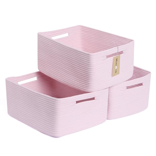 Image of MiniArk Large Storage Baskets for Shelves, Closet Organizers Bins for Clothes Blanket Towels, Baby Nursery, Toy Baskets Box, Woven Rope Baskets, 17 x 13 x 7.5”, 3 Packs Light Pink
