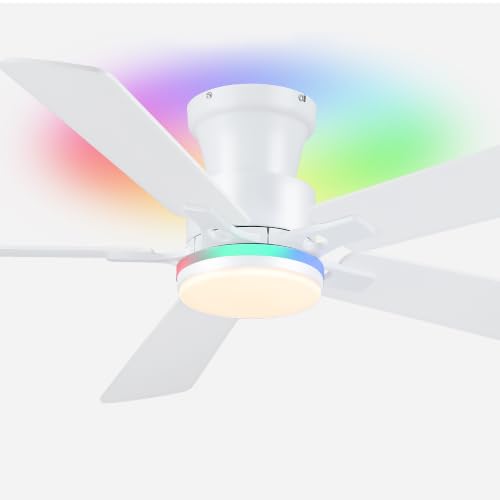 Image of JSAITEE 52in Flush Mount Ceiling Fans with Lights Low Profile, White RGB | Ceiling Fans with Lights Flush Mount Low Profile, Reversible Motor, 3CCT Dimmable, Noiseless, 6 Speeds, White Modern