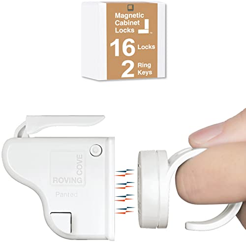 Image of RovingCove Ergonomic Magnetic Cabinet Baby Locks 16-pk, Child Proof Drawer Cupboard Latches, Adhesive, Easy Install with Starter Tape System, 16 Locks 2 Ring Keys