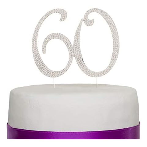 60 Cake Topper for 60th Birthday or Anniversary Silver Party Supplies Decoration Ideas (Silver) Cover