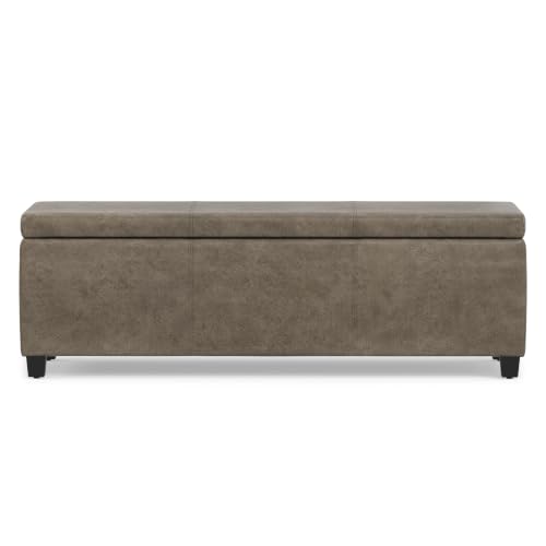 Image of SIMPLIHOME Avalon 48 inch Wide Vegan Leather Storage Ottoman in Grey Brown