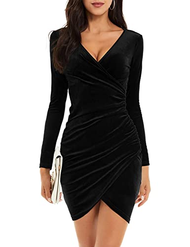 Niwicee Sexy Kleid Damen Schwarzes Kleid Damen Elegant Winter Silvester Weihnachten Langarm Elegant V-Schwarz-M