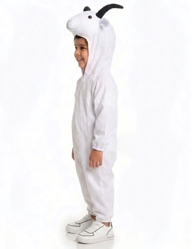 Image of BookMyCostume White Unisex Goat Dress for Kids - Full Body Jumpsuit with Brown Horns Attached Hood - School Annual Day, Bakrid /Eid Festival, and Stage Dance Fancy Dress Costume | 3-4 Years