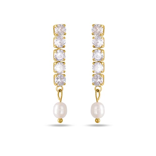 Image of PALMONAS 18k Gold Plated Pearl Drop Diamond Earring for Women - Gift for Girls & Women | Waterproof & Anti-Tarnish Earrings