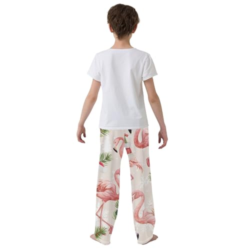 Flamingo with Christmas Hat Boys Long Pants Soft Trousers Elastic Waist Kids Lounge Bottoms with Pockets S-XL3