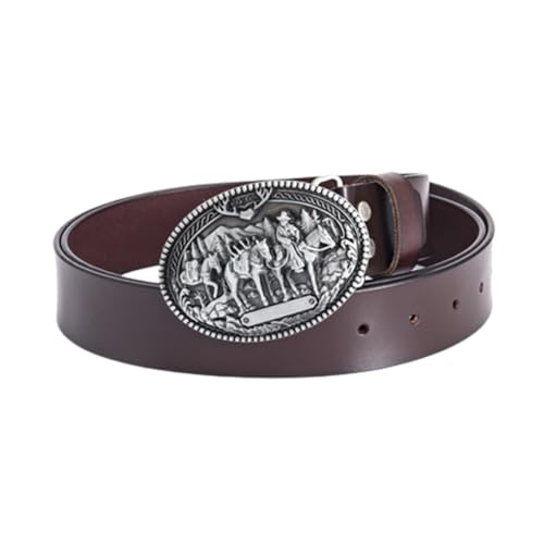 Men's Dress Casual Leather Belt - Rodeo Horse Carved Print, Western Rope Top & Vintage Oval Buckle