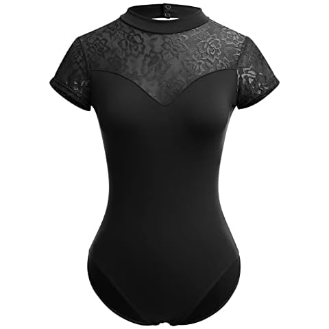 IDOPIP Ballet Leotards for Women Adult Turtleneck Floral Lace Short Sleeve Dance Leotard with Bra Elegant Backless Gymnastics Leotards Dance Ballet Tank Ballerina Costume Dancewear Black XXL Cover