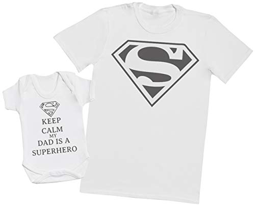 Zarlivia Clothing Keep Calm My Dad Is A Hero - Regalo para Padres y bebés en un Cuerpo para bebés y una Camiseta de Hombre a Juego - Blanco - X-Large & 0-3 Meses