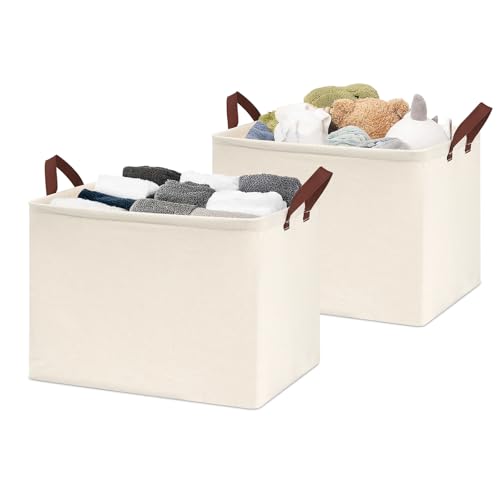 Image of Baskets for Organizing with Metal Frame for Shelves, Closet, Wardrobe, Bookshelf, Foldable Fabric Storage Bins with Handles for Clothes Storage, 15.7"x11.8"x11.8", Beige, 2-Pack