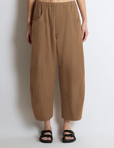 Lviefent Womens Wide Leg Barrel Pants Casual Elastic Waist Cotton Linen Ankle Length Trouser with Pockets (Brown-M)2