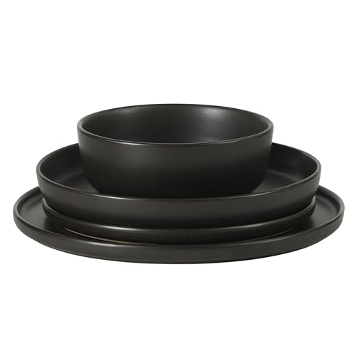 Image of Gibson Elite Bayou Moon Plates and Bowls Sets, 16-Piece Black Matte Stoneware Dinnerware Sets, Solid Color Reactive Glaze Dish Set