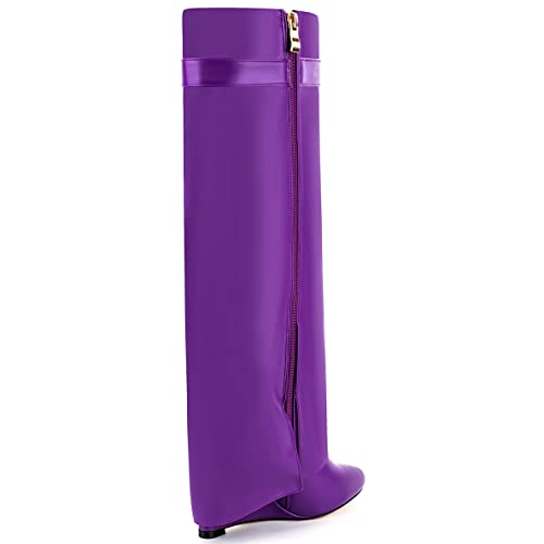 Image of Fold Over Knee High Boots for Women Pointy Pull-on Wedge Heel Knee Shark Boot With Side Zipper Covered Wedge Heel Padlock Boot