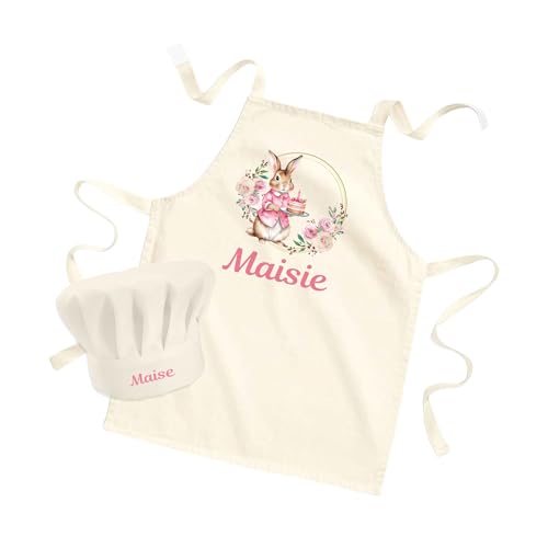Hoolaroo Personalised Kids Aprons For Cooking Childrens Baking Gifts Personalised Apron Kids Cooking Utensils Set Wooden (Pink Bunny) - Image 4