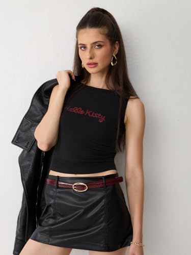 Crop top Hello Kitty graphique noir orné de strass chic