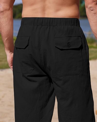 YAOHUOLE Men's Cotton Linen Pants Loose Fit Casual Yoga Pants Drawstring Elastic Waist Straight Legs Pants