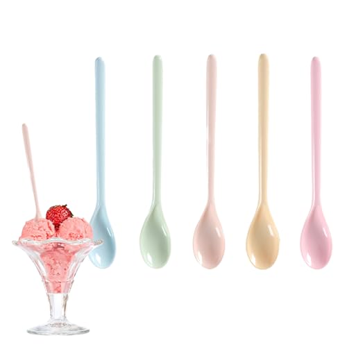 SHENGYIG Juego de 5 cucharas de plástico largas de melamina para yogur, cucharas de postre de colores, diseño de cerámica para mermelada, para café, huevos, yogur