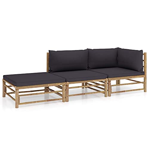 vidaXL Gartenmöbel 3-TLG. mit Dunkelgrauen Kissen Garten Garnitur Sitzgruppe Sofa Lounge Gartensofa Sitzgarnitur Gartenset Ecksofa Mittelsofa Fußhocker Bambus