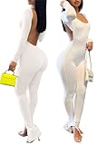 Bodycon Jumpsuits for Women Sexy Backless Rompers Long Sleeve Scoop Neck Stacked Split High Wasited One Piece Outfits Pants Catsuits White M