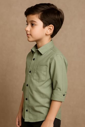 Image of Boys Kids Light Green Cotton Shirt, Long Roll-Up Sleeves, Party, Age 2-10 Years