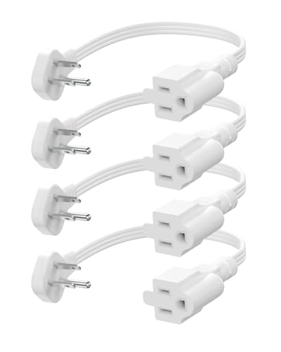 Image of Flat Plug Short Extension Cord 1Ft White Low Profile Adapter 3 Prong Indoor Small Grounded Power Cable Outlet Saver 16AWG 13A 1625W 4 Pack