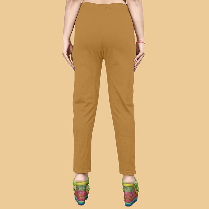 Image of Women's Solid Cotton Lycra Pants-High Waist Slim Fit Stretchable Leggings - Comfortable Long Trousers for Casual, Office & Everyday Wear