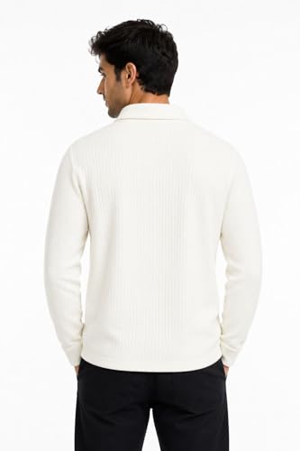 Image of Men's Beige Textured Quarter Zip Polo T-Shirt