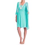 Bysion Maternity Set Premamá Camisón Encaje Embarazo Lactancia para Cuello en V Manga Corta Camisones + Bata para el Hogar y el Hospital - 2 Piezas