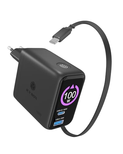 Cargador rápido USB-C GaN ICY BOX ideal para viajes con cable integrado y pantalla de control