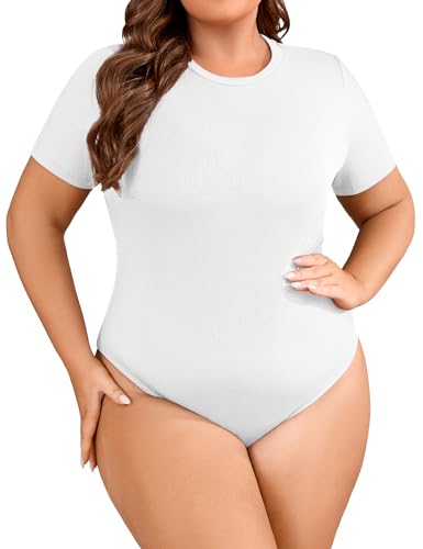 FOREYOND Plus Size Bodysuits for Women Short Sleeve Scoop Neck Bodysuit One Piece Body Suit Tops