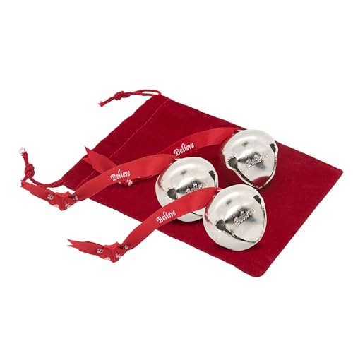 Bevin Bells Believe Sleigh Bells Ornament (3-Pack) | 1.5' Made of Steel | Hanging Bells with a Red Satin...