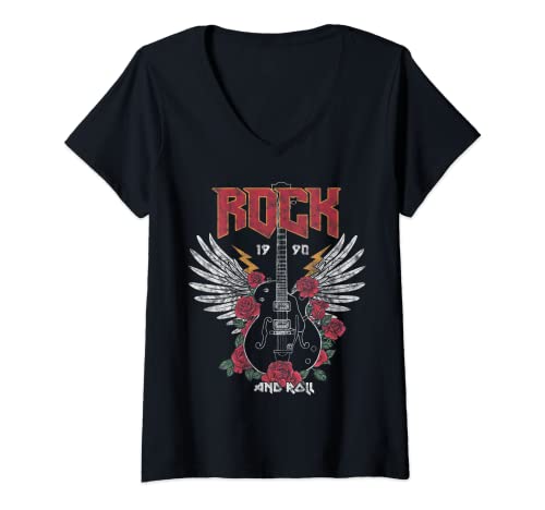 Femme Vintage Retro Style 70s 80s Guitar with Wings Rock and Roll T-Shirt avec Col en V
